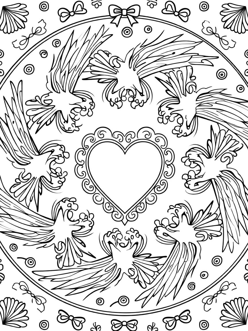 Mythical & Fantasy Creatures: The design turns a gentle griffin with an eagle's wings and a lion's paws into a kaleidoscope-style composition anchored by a heart-shaped mandala framed by soft curling loops. The imagery is arranged in a spinning ring of repeated segments, each one a slightly rotated twin of its neighbor. Decorative details fill the surrounding space, including loops shaped like small bows, tightly coiled spiral shells, and fan-shaped feather clusters woven throughout the background. A playful extra touch completes the page: a small ribbon bow tied neatly at the top of the design.