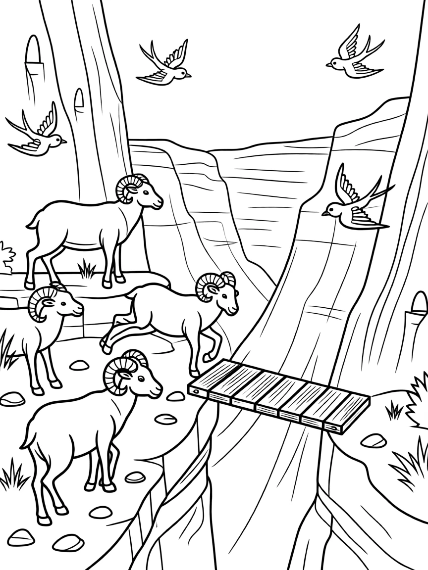 [Canyon Trails] A family of bighorn sheep climbs confidently along a narrow ledge above the canyon floor. Swallows dart in and out of small holes in the canyon walls, building their nests. A narrow wooden bridge crosses a rocky gap between two towering canyon walls. Morning light stretches across the canyon, highlighting every ridge and layer of rock.