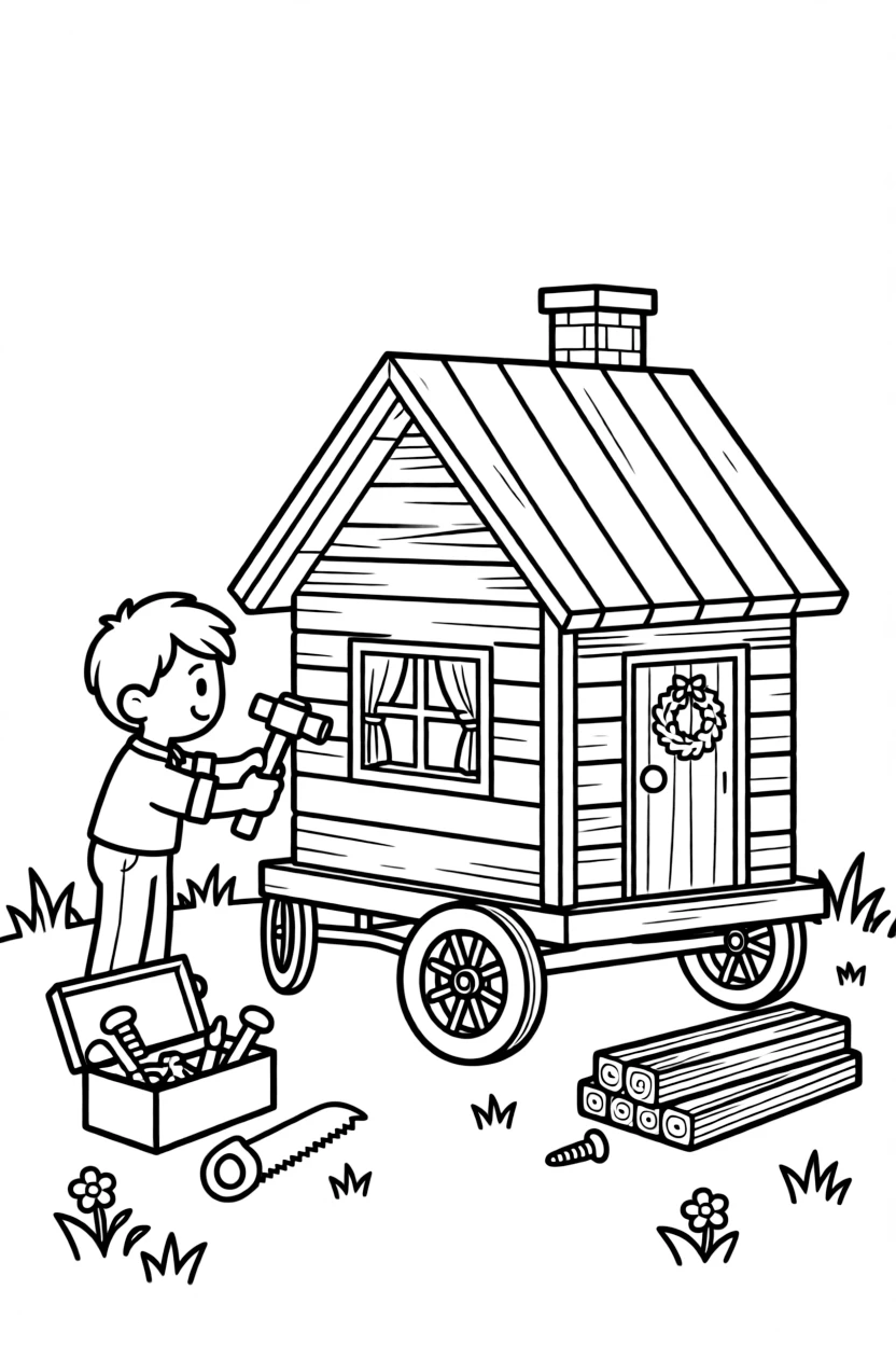 A tiny house builder hammers together a cozy wooden cabin on wheels.