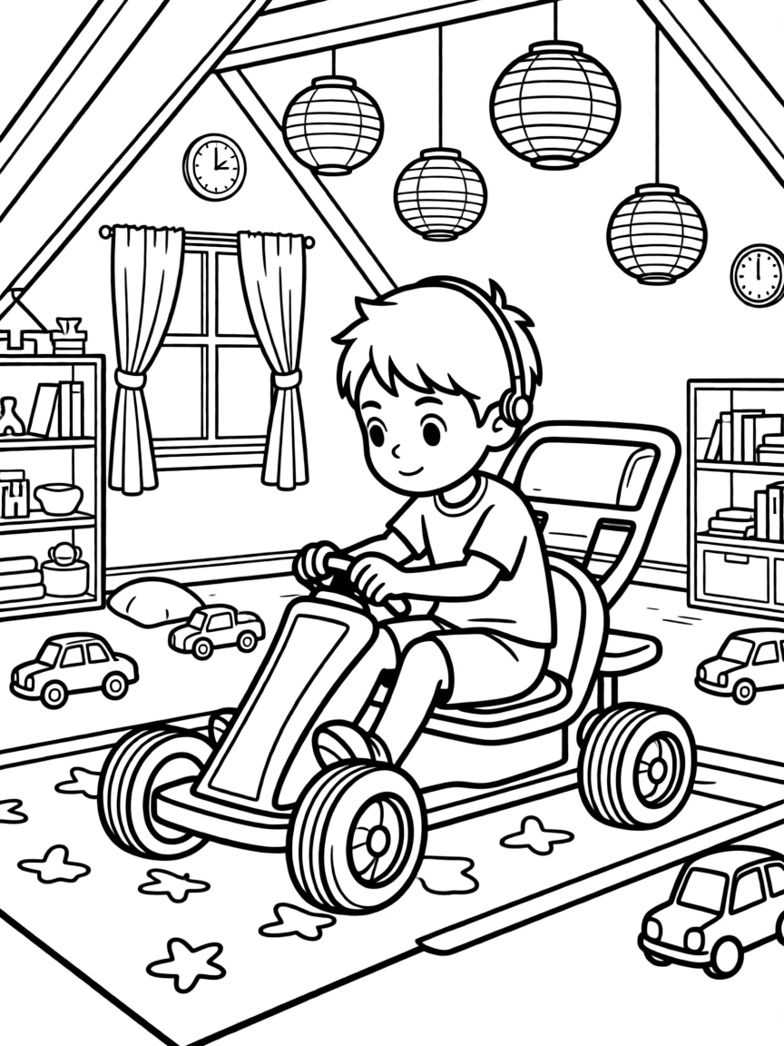 A boy with a hearing aid racing a go-kart alone in an attic playroom, deeply focused, with paper lanterns swaying gently.