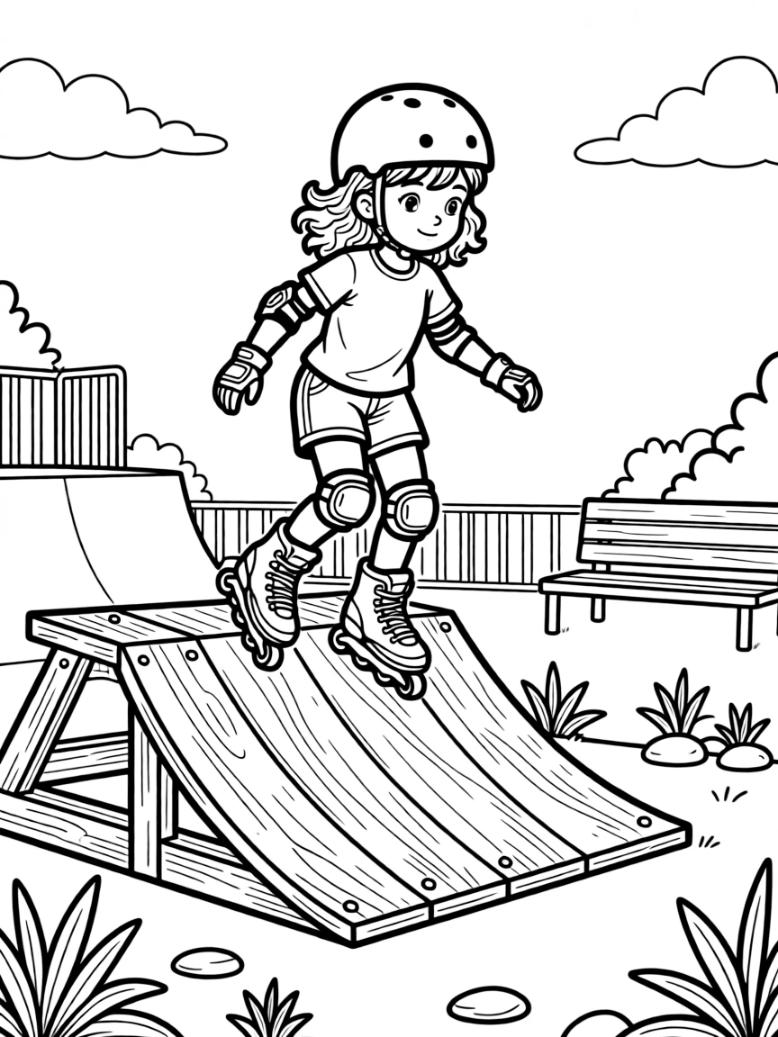 A little girl with curly hair, practicing edges along the boards before attempting a big spin.