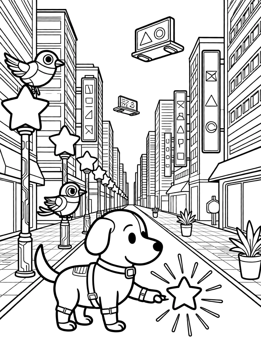 Nutsy, a robot dog guiding a lost baby star back to its constellation in a cheerful cyber city lit up with neon signs and hover-billboards, as a row of streetlights shaped like glowing stars and a robotic bird perched on a lamp post fill the scene.