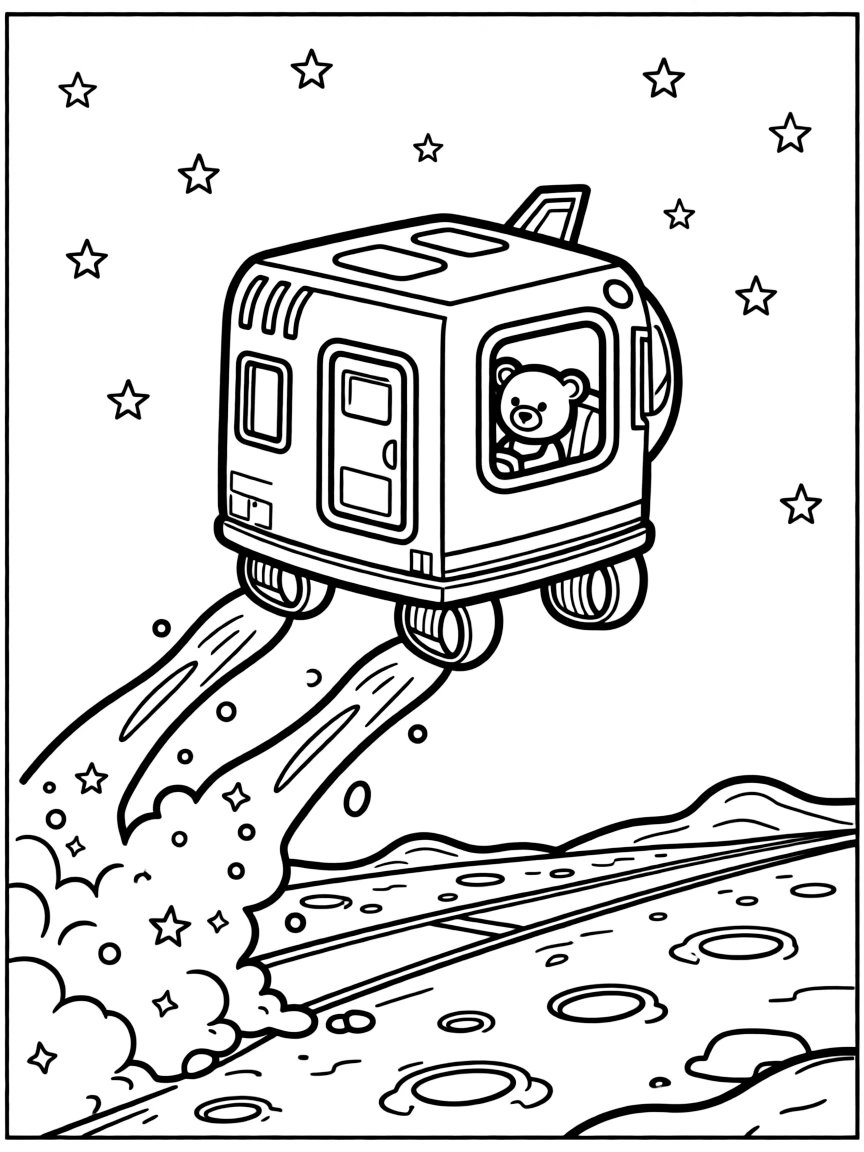 A boxy space shuttle gliding back toward a runway takes center stage in the dusty gray surface of the moon under a starry sky, where a teddy bear buckled safely into the passenger seat can be seen nearby, surrounded by a bouncy trail of moon dust kicked up behind the wheels.