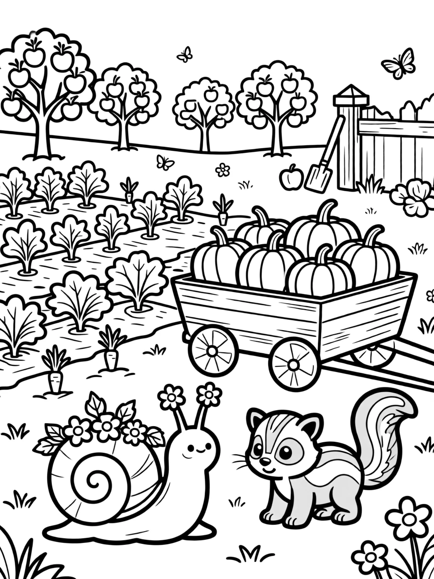 A snail wearing tiny flower crowns with a skunk kit in a backyard vegetable garden, near a apple orchard, with a wagon full of freshly picked pumpkins.