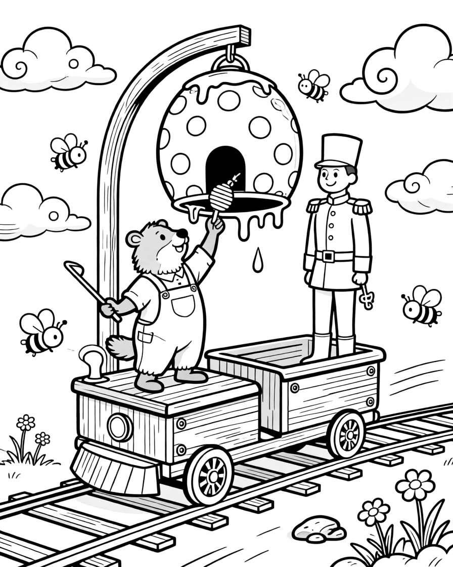 A wobbly beaver architect takes a break from adventures to try harvesting honey from a giant polka-dot beehive on a train chugging through fluffy clouds, with a wind-up toy soldier standing at attention close behind. It's shaping up to be the happiest day in the whole kingdom.