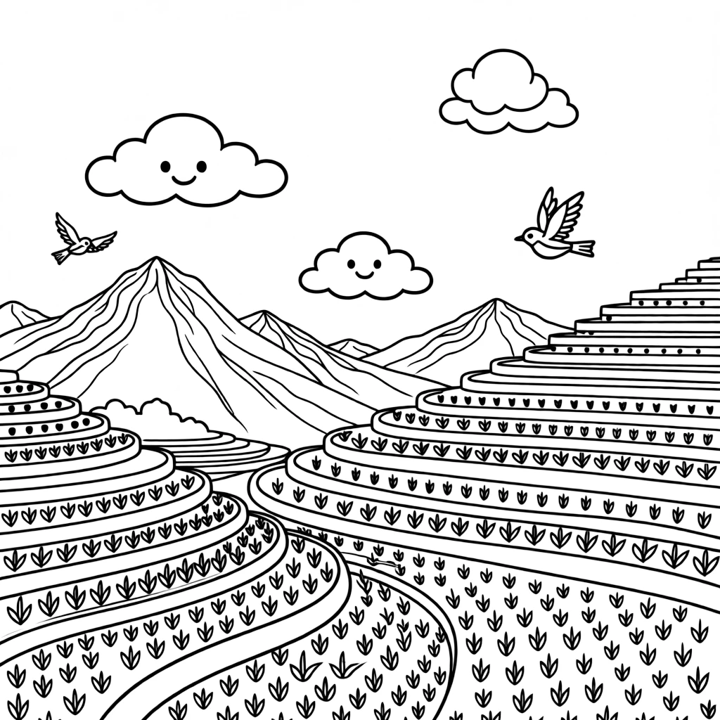 A coloring page celebrating Rwanda featuring misty green mountains covered in terraced farm fields, with a few small birds in the sky and friendly clouds nearby.
