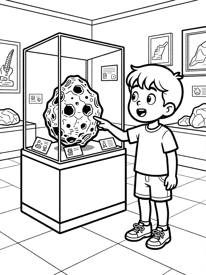 an excited young boy examines a real meteorite behind glass at a natural history museum.