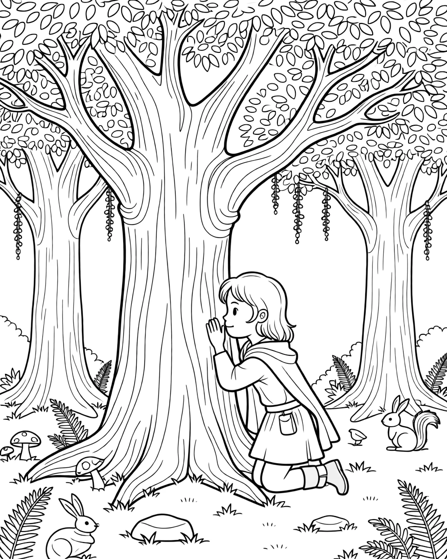 A hidden grove of ancient trees whispers secrets to a young druid who presses her ear against the bark.