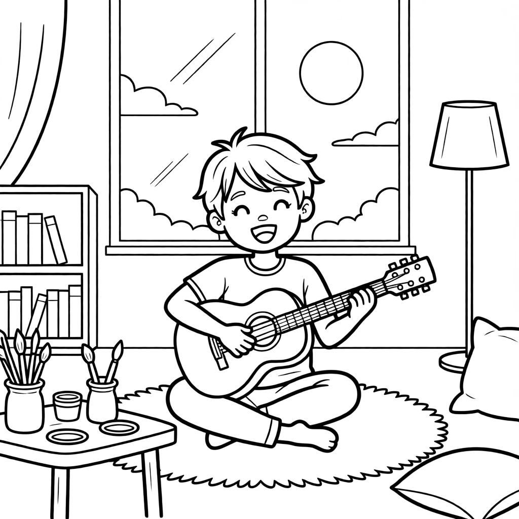 [Hobbies] A dynamic scene shows a young musician playing a guitar strumming a cheerful tune in a cozy playroom, gasping in amazement. Close by, paintbrushes and jars of color line the table. A sense of focus and fun fills the moment. The moment unfolds under a full moon, under clear blue skies, filled with energetic detail perfect for a young colorist.