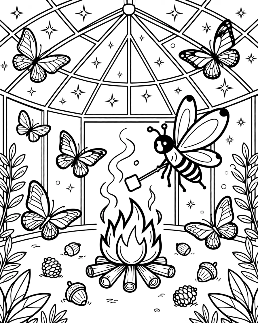A glowing firefly is roasting marshmallows over a crackling campfire in a butterfly conservatory full of fluttering wings. Nearby, a cluster of acorns and pinecones scattered about and sparkling stars scattered across the sky add to the delightful moment.