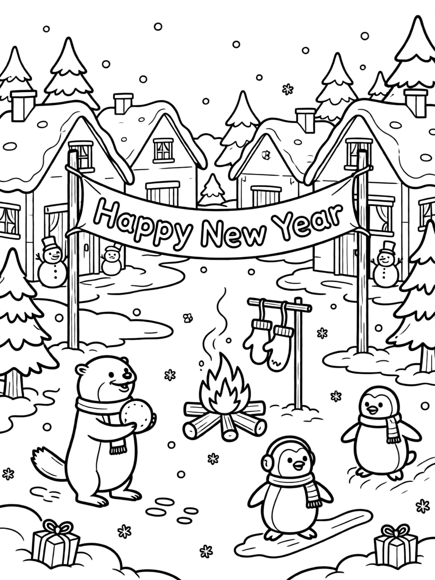 A wide view on a snow-covered village square, featuring a banner reading 'Happy New Year', a playful otter, and a pair of mittens drying by the fire, with a trio of playful penguins nearby.