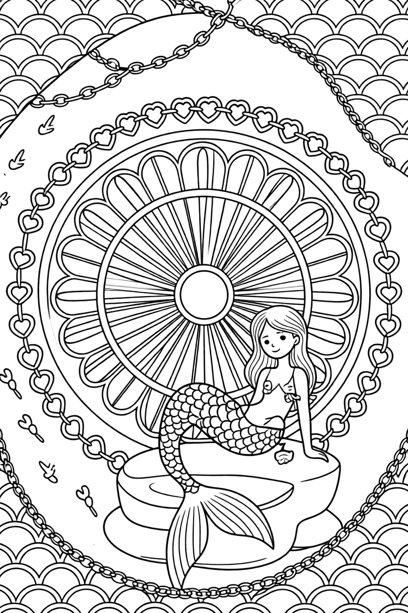Mythical & Fantasy Creatures: The main subject is a mermaid with a scaled tail resting on a rock, drawn as the focal point of a wheel-spoke mandala radiating from a round hub. It is positioned in the middle of the page so the design radiates outward evenly in every direction. Decorative details fill the surrounding space, including a chain of linked heart shapes, overlapping fish-scale textures, and interlocking circle chains woven throughout the background. A playful extra touch completes the page: a few tiny footprints trailing off toward one edge of the page.