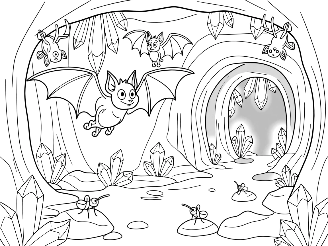 [Mystical Caves] A friendly bat colony flutters gently through a cavern lit by glowing blue crystals. Tiny cave crickets hop between rocks while bats hang quietly from the ceiling above. Towering stalactites and stalagmites form natural archways throughout the glittering cavern. Quiet darkness surrounds the cave entrance, broken only by patches of glowing crystal.