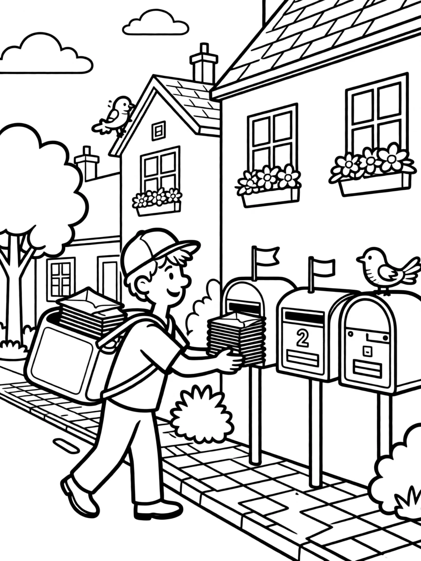 A mail carrier delivers a stack of letters to mailboxes along a sunny street.