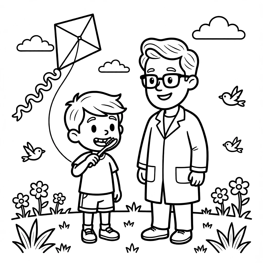 A small boy learning to brush teeth from a dentist with a kite dancing in the wind.