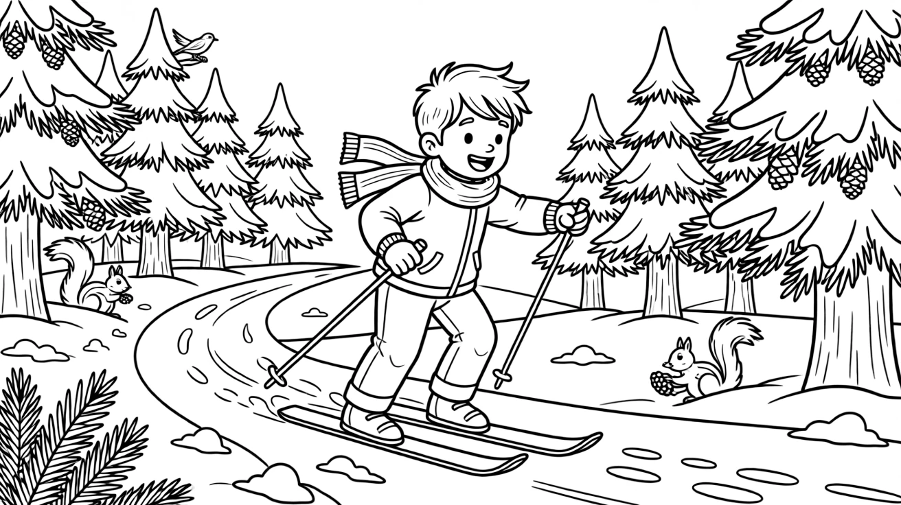 A cheerful young boy, gliding across a snowy trail through a forest of frosty pine trees.