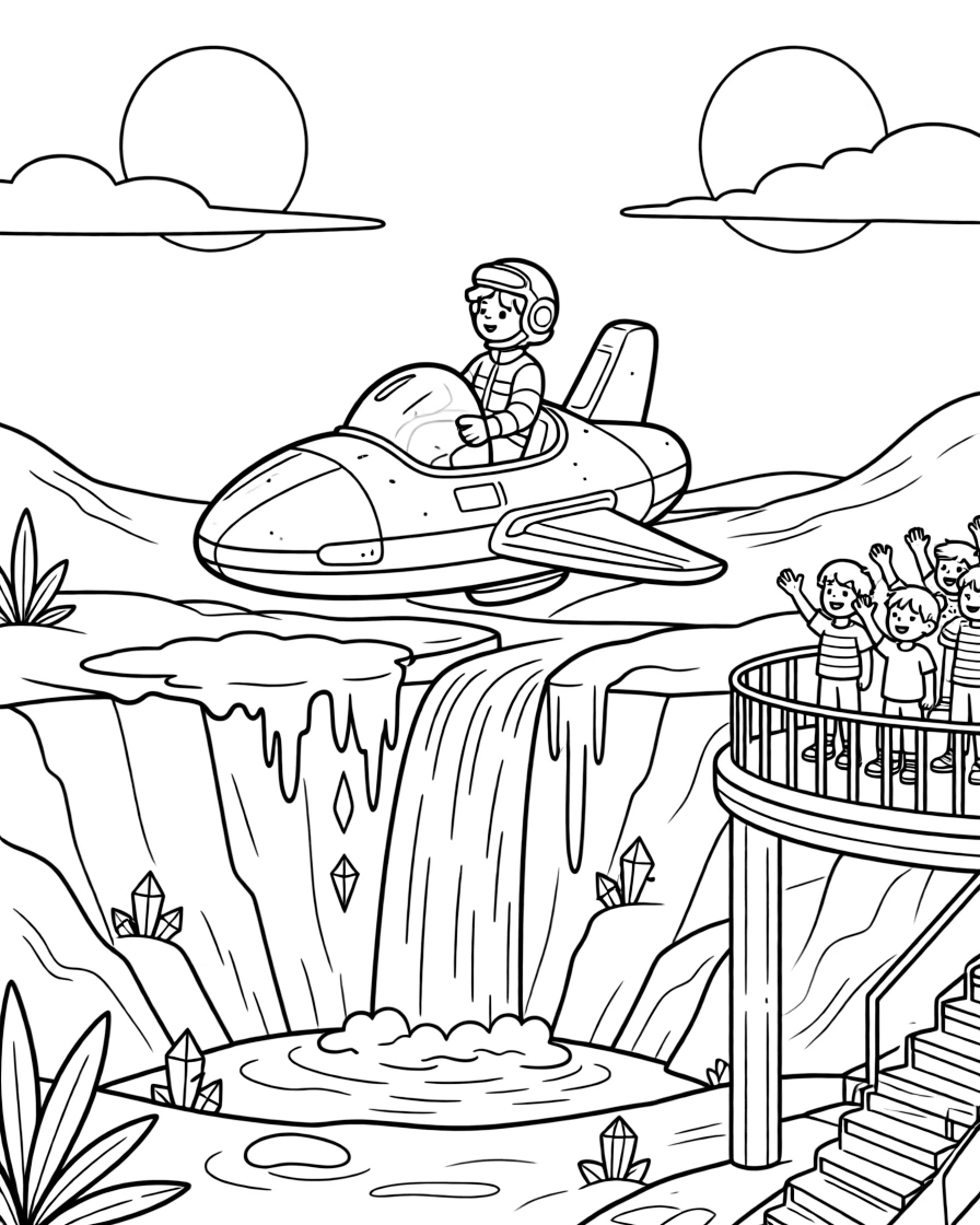 In a hidden valley on a distant planet ringed by twin moons, pilot Fern zooming along on a cloud cruiser collecting rainbow-colored ice crystals from a frozen waterfall, while a group of kids waving from a nearby observation deck adds to the excitement.