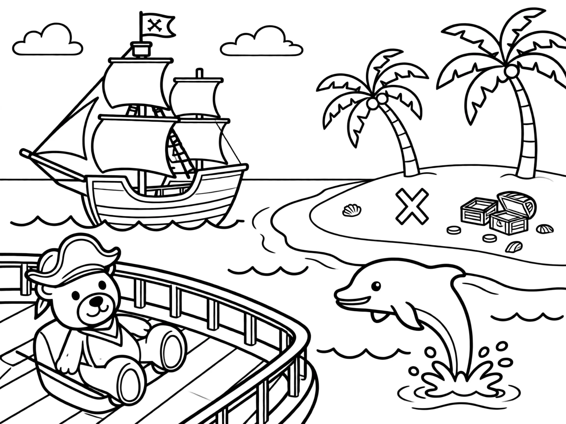 The scene captures a pirate ship anchored near a treasure-marked island in the middle of a hidden pirate cove with a sandy beach and palm trees, with a teddy bear buckled safely into the passenger seat nearby and a friendly dolphin leaping alongside in the waves sprinkled around for extra fun.
