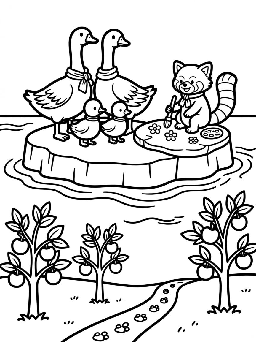 A goose family on an iceberg in the arctic sea, painting flowers with a red panda, next to a apple orchard, with a trail of tiny footprints in the mud.
