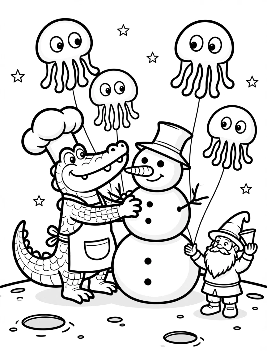 A grumpy-but-lovable crocodile chef takes a break from adventures to try building a snowman wearing a wizard's hat on the moon surrounded by floating jellyfish-shaped balloons, with a garden gnome tipping his pointy hat close behind. The whole gang can't stop smiling.