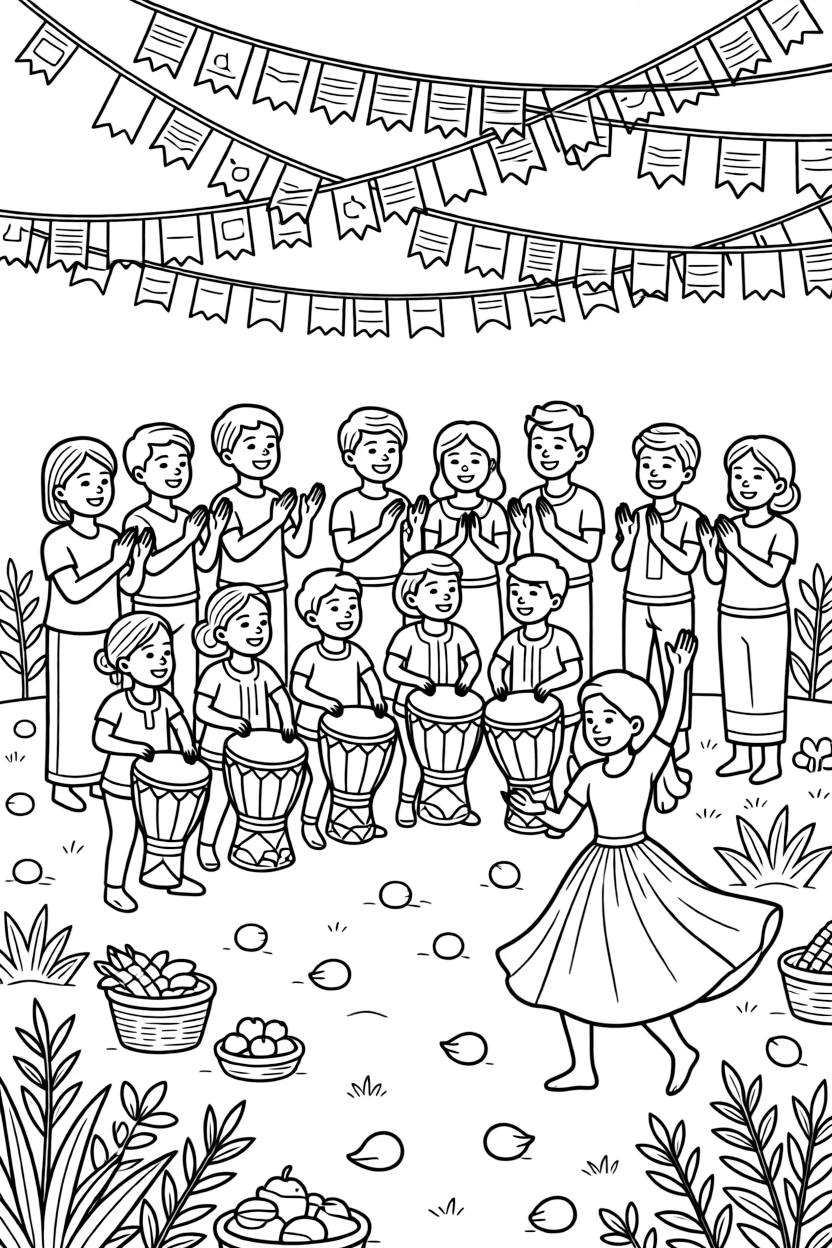 A coloring page showing a lively celebration in Rwanda with the Umuganura harvest festival with drumming and traditional dance, while families clap and cheer and colorful banners hang overhead.