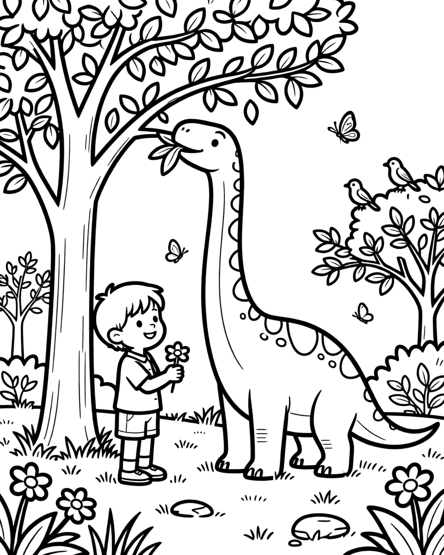 a gentle small child watches a friendly long-necked dinosaur munch leaves from a tall tree.