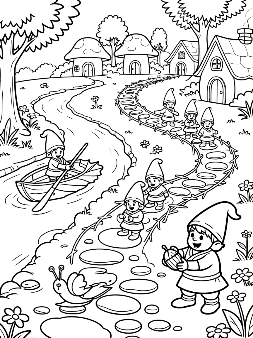 A gnome village holds a tiny Olympics, competitions including acorn tossing, snail racing, and leaf-boat sailing.