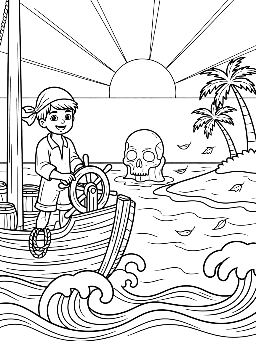 [Pirates] a young pirate cabin boy steering a ship through stormy waves on a sandy tropical island, smiling proudly, while a skull-shaped rock formation rises from the sea fills the surrounding area. Coiled ropes and barrels sit on the deck. Set at sunset, with autumn leaves swirling in the wind, the page bursts with adventure and imagination.
