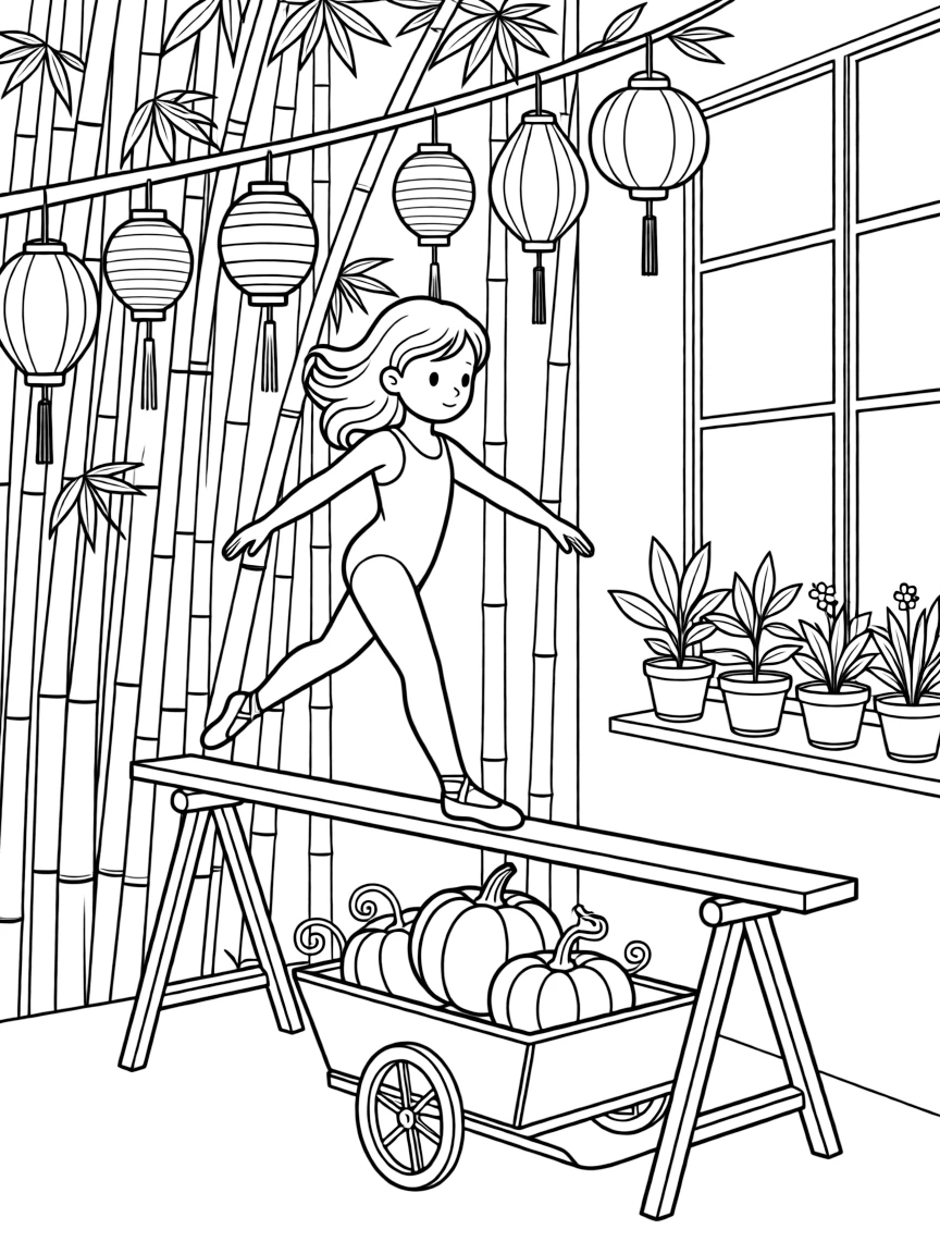 A girl acrobat walking along a low balance beam is filling a wagon with freshly picked pumpkins in a peaceful bamboo forest. All around, paper lanterns hanging from low branches and a row of potted plants along a windowsill fill the page with charm.