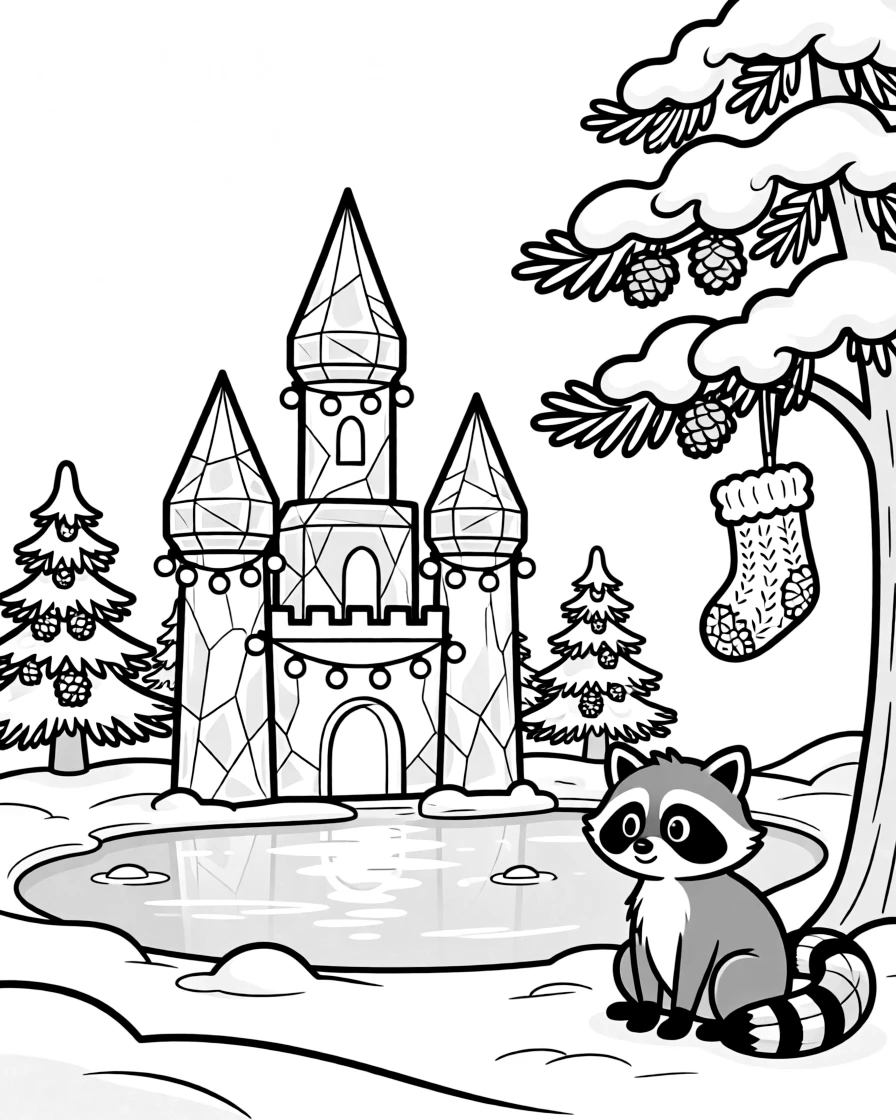 A glowing ice castle lit with colorful lights on a frozen pond ringed by pine trees, while a round raccoon looks on nearby, a snow-covered pine tree and a knitted stocking hung with care completing the scene.