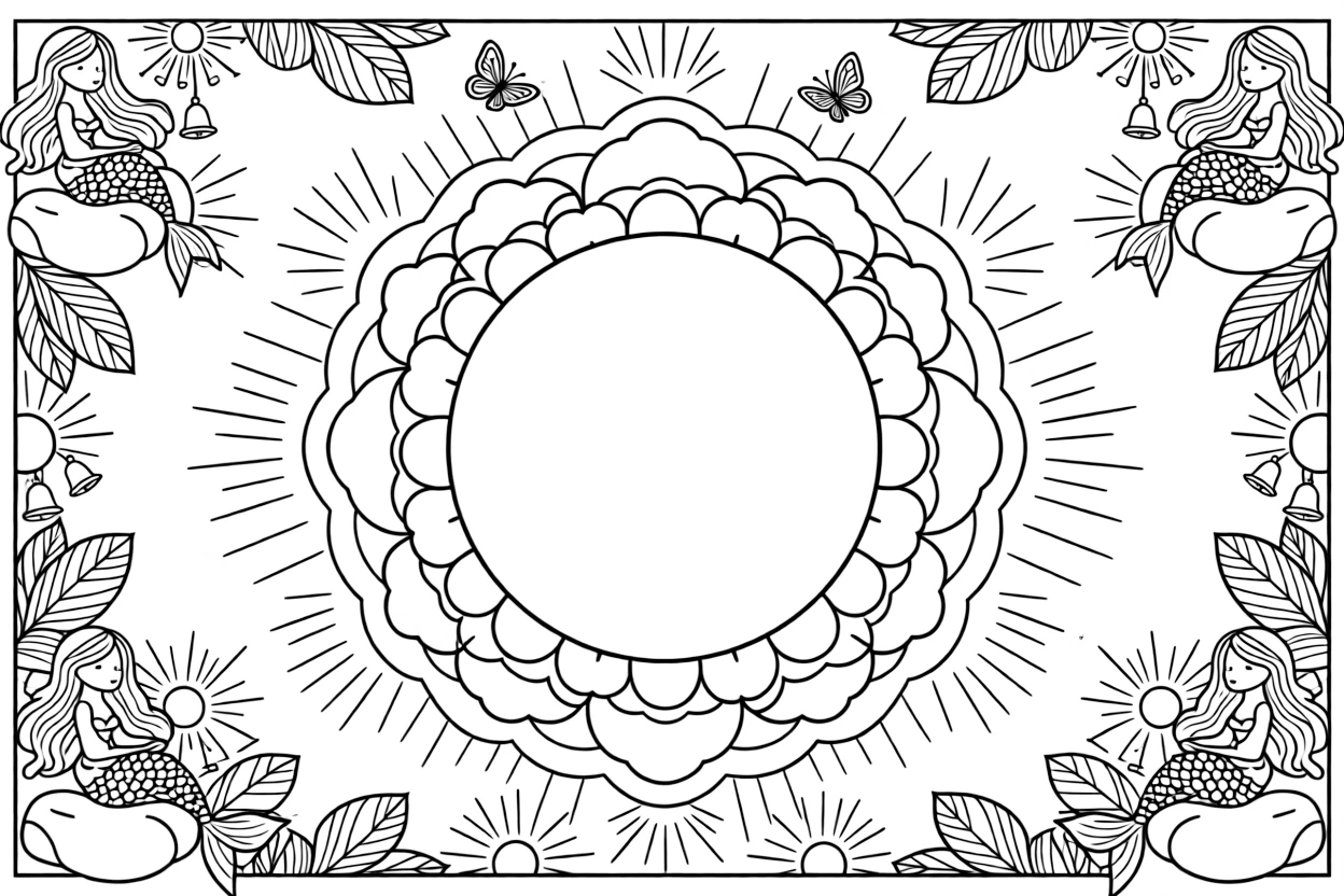 Mythical & Fantasy Creatures: The page centers on a repeating motif of a mermaid with a scaled tail resting on a rock, built around a cloud-ring mandala made of puffy overlapping curves. The motif is repeated in a corner-to-corner border that circles the entire page, leaving a round open area in the middle. Decorative details fill the surrounding space, including rays fanning out like a small sunburst, clusters of tiny bells, and layered leaf clusters woven throughout the background. A playful extra touch completes the page: a pair of small butterflies fluttering near the top of the page.