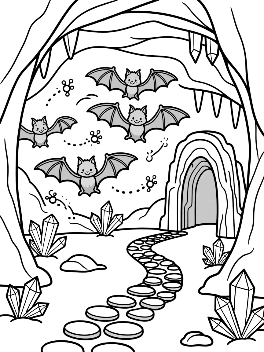 [Mystical Caves] A friendly bat colony flutters gently through a cavern lit by glowing blue crystals. Fireflies drift near the cave entrance, their light mixing with glowing crystals inside. A narrow stone path winds between rock formations toward a hidden underground chamber. A gentle echo carries through the cavern beneath the soft glow of natural crystals.