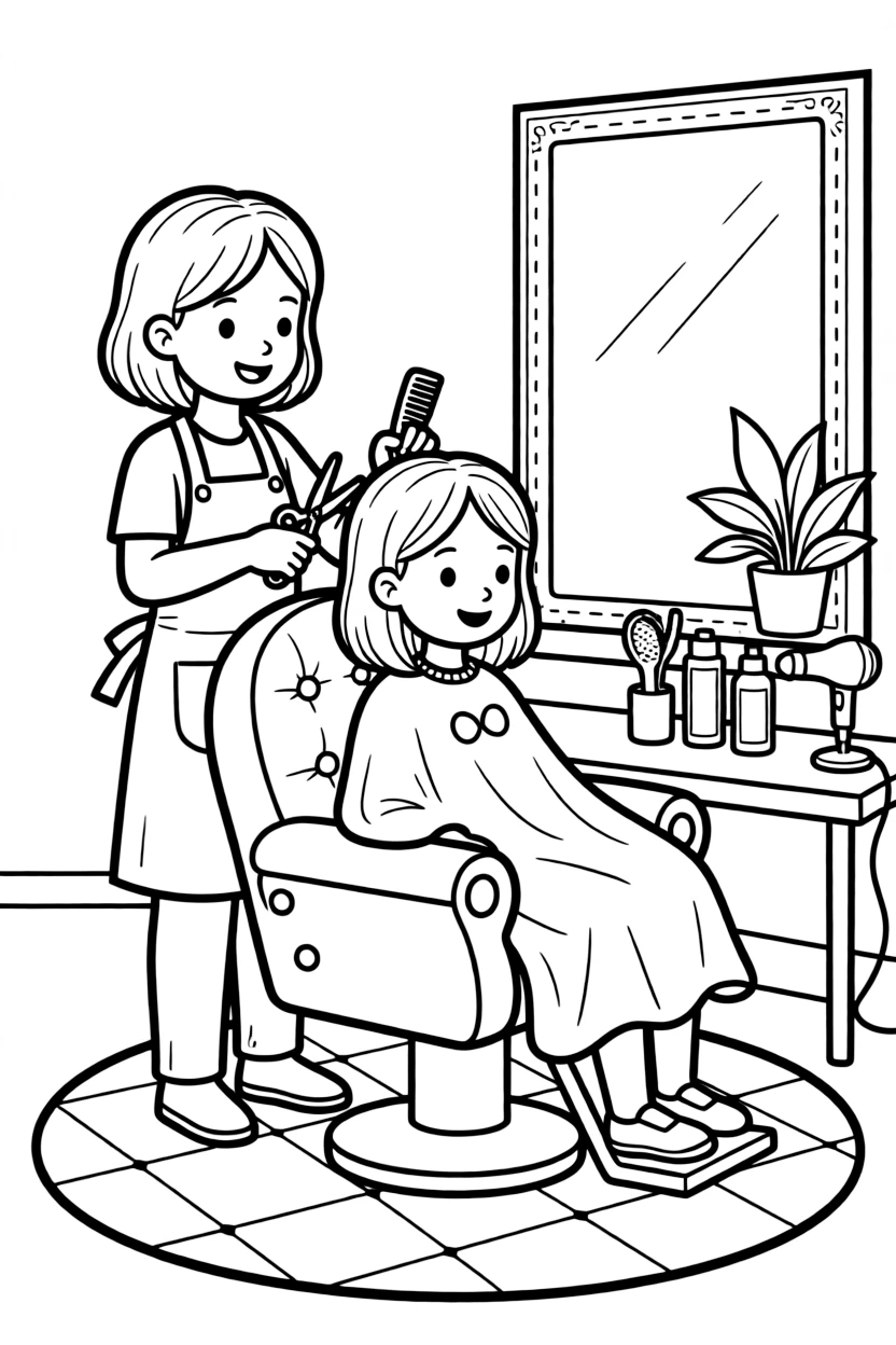 A hairdresser trims a customer's hair while chatting in a colorful salon chair.