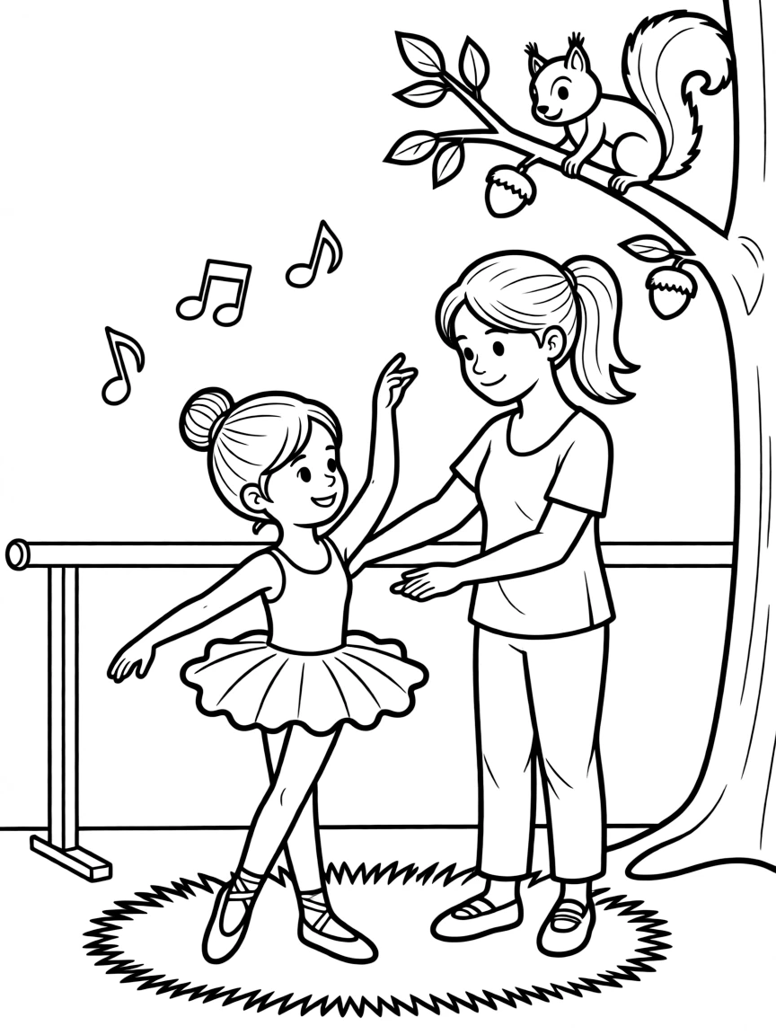 A cheerful girl practicing a twirl with a ballet teacher while a squirrel peeks from a branch.