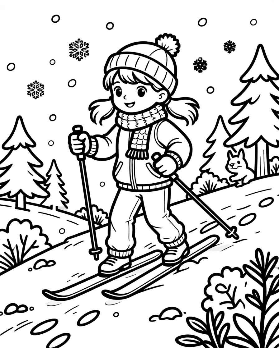 A determined girl with pigtails, poling steadily up a gentle snowy hill on narrow cross-country skis.