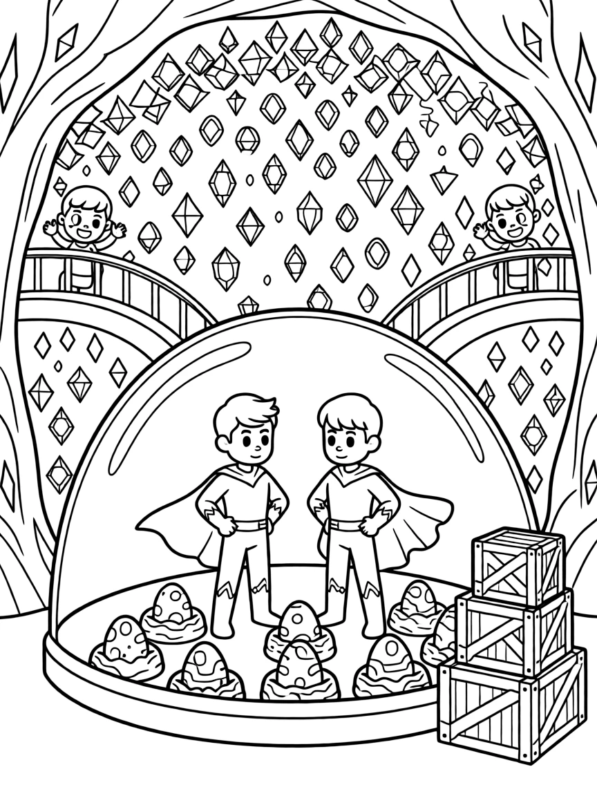 Twin superhero siblings Cinder (magnetic) and Pixel (fire-powered) watching over hatching alien eggs in a nursery dome in a crystal cave glittering with rainbow-colored gems, as a stack of colorful supply crates and friendly aliens waving from nearby balconies fill the scene.