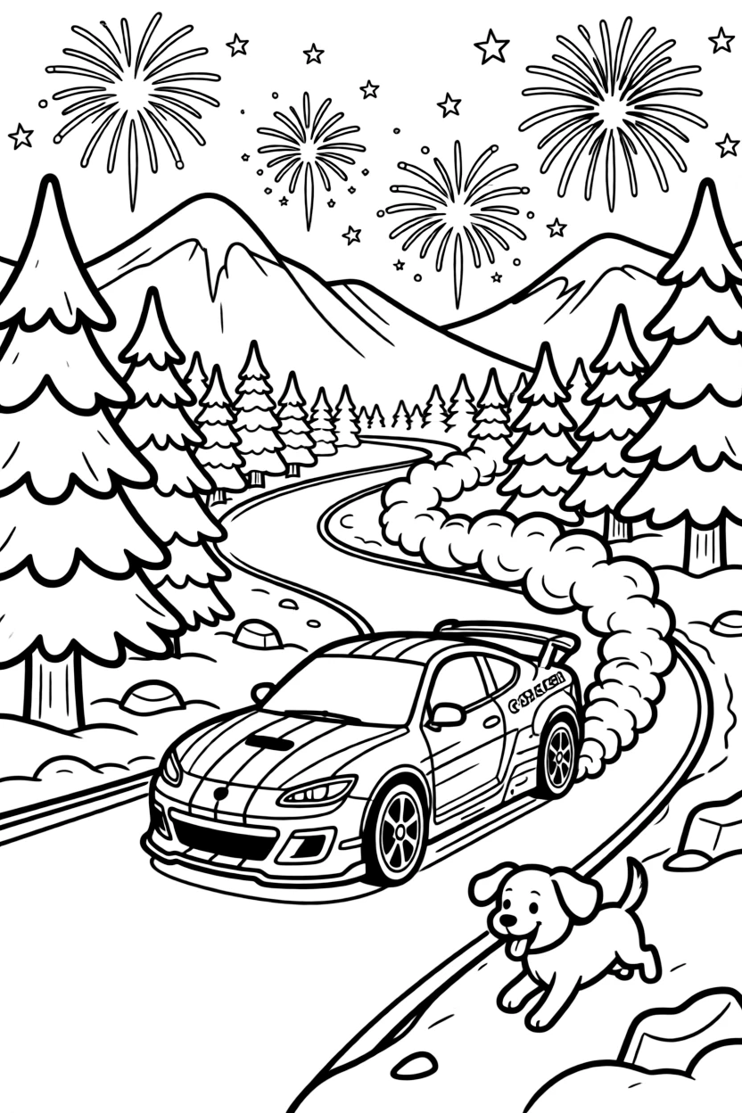 A drift car spinning smoke trails around a track corner takes center stage in a snowy mountain pass with pine trees dusted in white, where an excited puppy chasing along the road can be seen nearby, surrounded by fireworks bursting in the sky in the background.