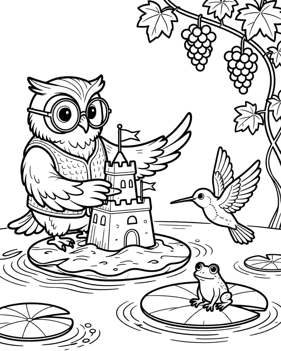 A wise old owl building a sandcastle beside a hummingbird on a lily pad in a quiet pond, near a vine of grapes, while a curious frog watches from a lily pad.