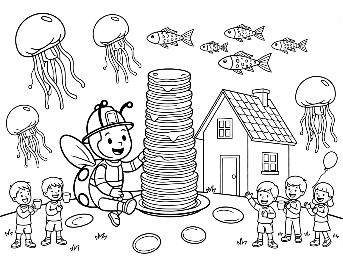 A chirpy ladybug firefighter takes a break from adventures to try stacking pancakes into a tower taller than a house on the moon surrounded by floating jellyfish-shaped balloons, with a school of rainbow fish swimming past close behind. The whole neighborhood has come out to join the fun.