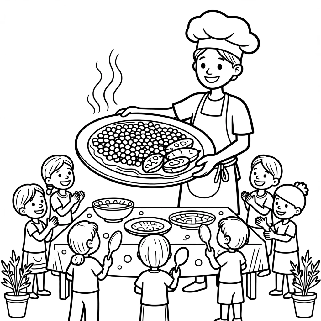 A coloring page of a happy cook in Rwanda presenting a plate of beans and plantains with a warm sauce, with steam rising and cheerful helpers gathered around the table.