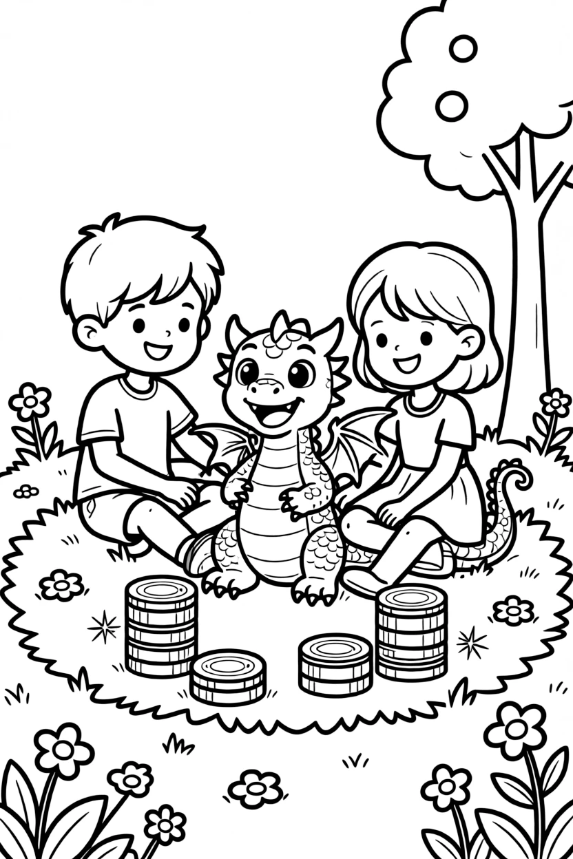 a gentle pair of best friends helps a small dragon learn to count using piles of shiny gold coins.