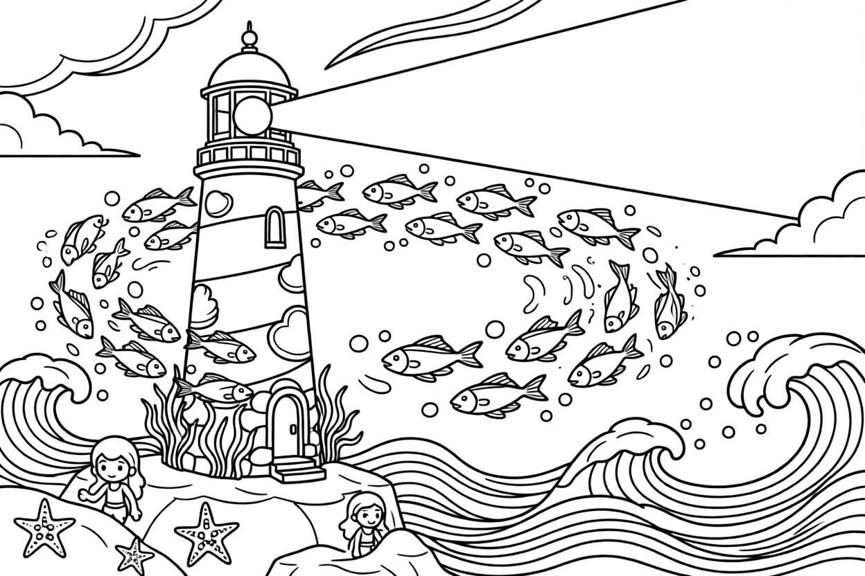 A merfolk lighthouse glows brightly during a storm, its beam guided by a school of luminescent fish circling the tower.