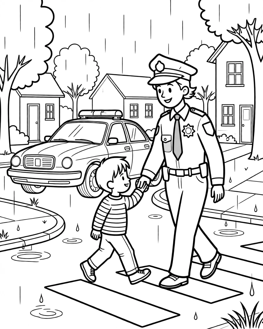 [Police Officers] a friendly police officer helping a child cross the street at a neighborhood crosswalk. In the background, a patrol car's lights glow softly nearby, adding extra fun to explore. A badge shines on the uniform. It all happens on a foggy morning, with a light drizzle just ending.