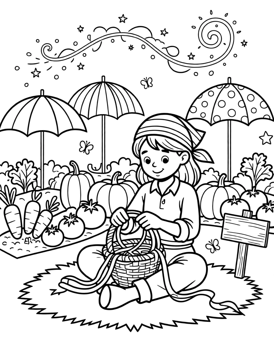 A girl pirate captain with a striped bandana is weaving a basket from colorful ribbons in a vegetable garden at harvest time. a row of colorful umbrellas and a trail of glittering fairy dust complete the joyful scene.