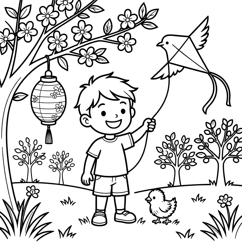 A grinning child admiring a paper lantern hanging from a blossoming branch in an orchard where fruit trees are just beginning to flower, near a kite shaped like a bird and a fuzzy baby chick.