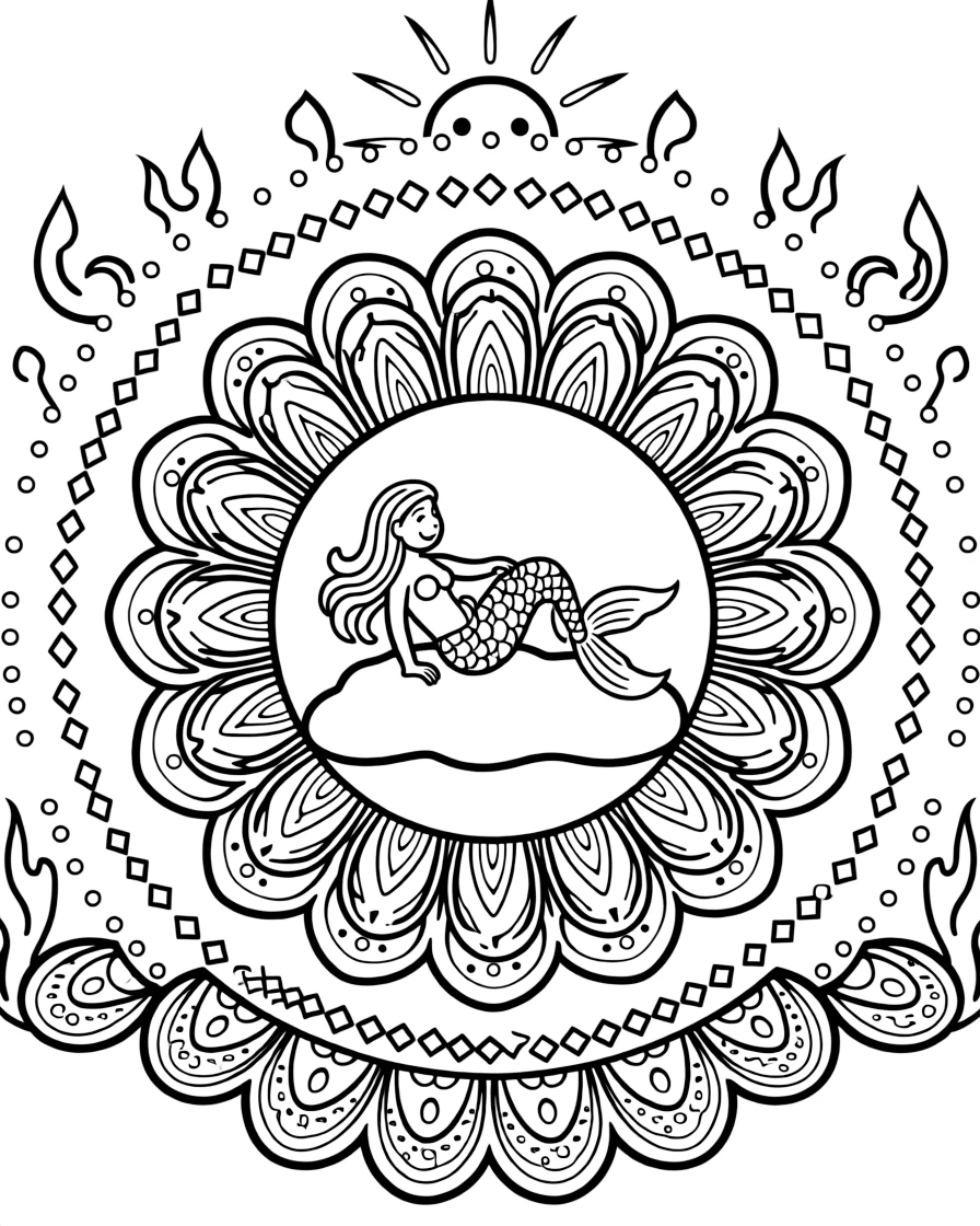 Mythical & Fantasy Creatures: The page presents a small themed scene built around a mermaid with a scaled tail resting on a rock, tied together by a layered rosette mandala with overlapping round petals. The scene is positioned in the middle of a balanced layout, with smaller matching details arranged above and below. Decorative details fill the surrounding space, including a repeating chain of small diamonds, a trail of evenly spaced dots, and flame-shaped tips curling upward woven throughout the background. A playful extra touch completes the page: a friendly round sun peeking in from behind the top edge.