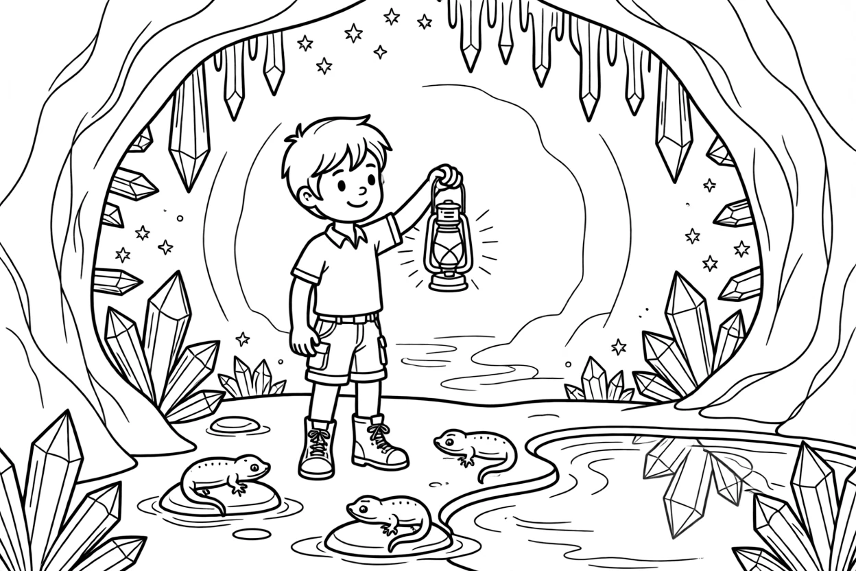 [Mystical Caves] A young explorer holds up a lantern, illuminating a cave wall covered in sparkling crystals. Salamanders rest on damp stones near a pool reflecting the glow of crystal light. Glowing crystals embedded in the cave walls light the path like tiny stars. A gentle echo carries through the cavern beneath the soft glow of natural crystals.
