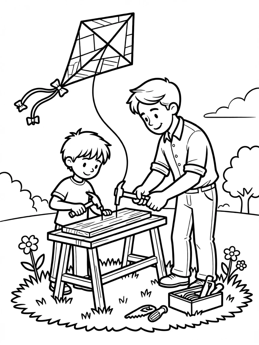 A preteen boy hammering a small nail with a carpenter with a kite dancing in the wind.