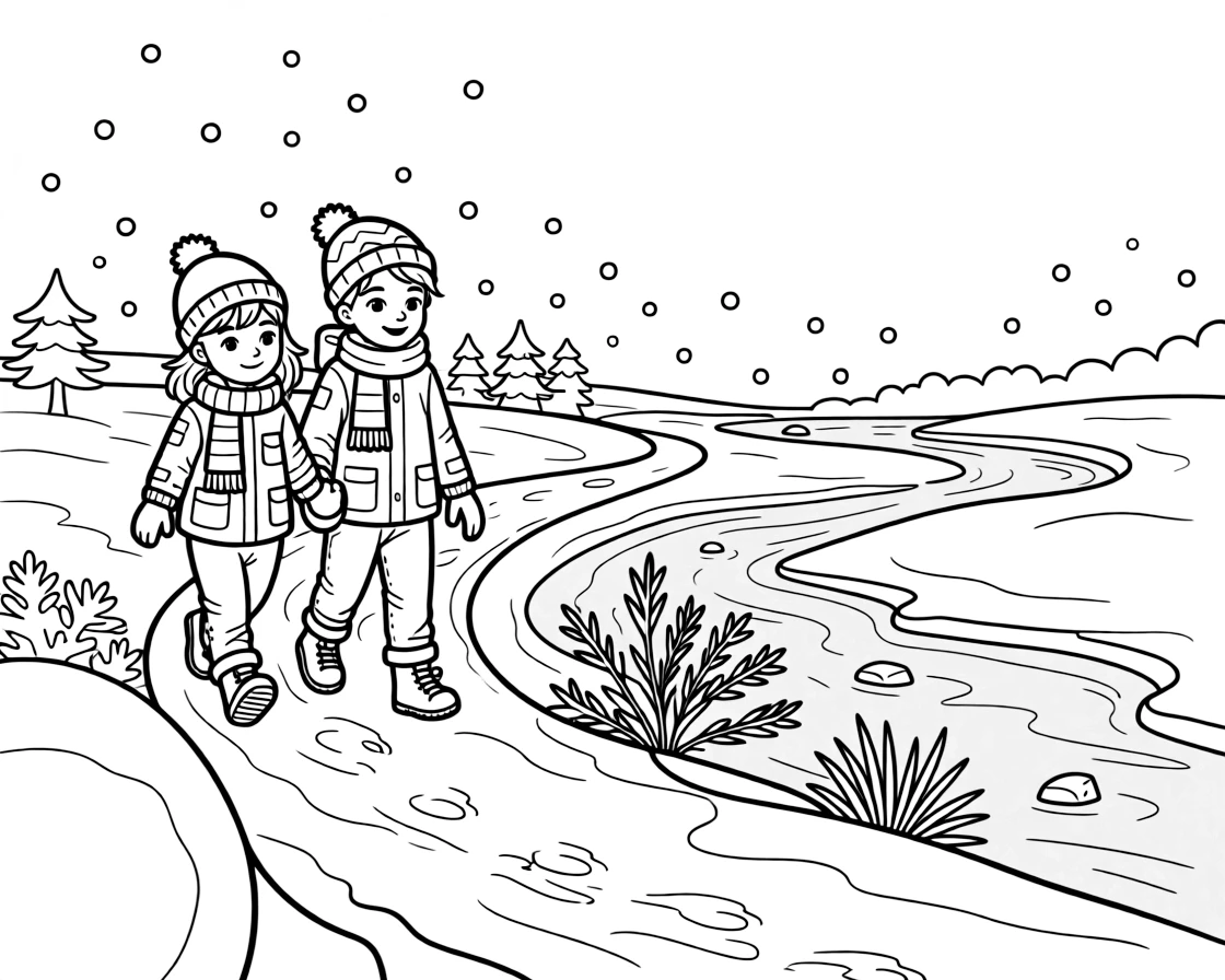 A pair of best friends, following a marked trail dusted with fresh snow past a frozen creek.