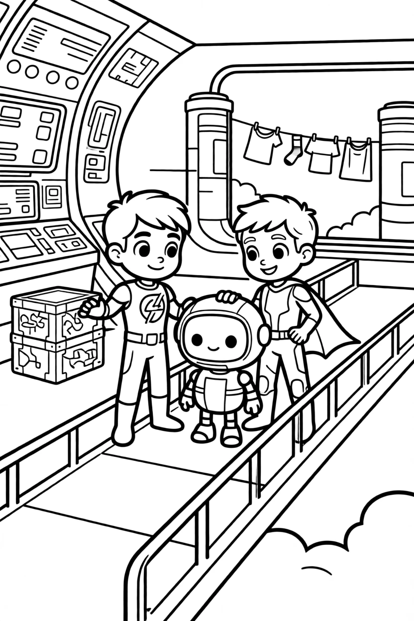 Twin superhero siblings Quasar (magnetic) and Vega (super-fast) helping a shy robot overcome its fear of heights on a sky bridge, in a spaceship's bright control room full of blinking buttons and screens, with a stack of colorful supply crates and a line of laundry fluttering between two towers nearby.